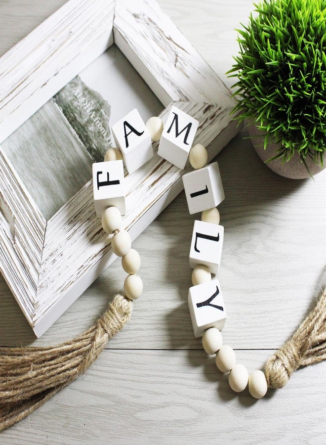 VKSG Farmhouse Home Decor Family Letter Block Wood Bead with Tassels, Family Decoration Gifts Boho Wooden Beads for Living Room Tabletop Tiered Tray Mantel Shelf, 24'' - Image 1